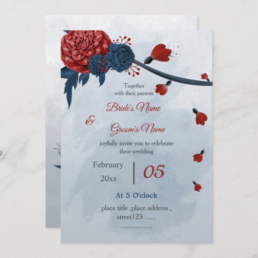 romantische Blume Hochzeit der Marine und Bordeaux Einladung (Vorne/Hinten)