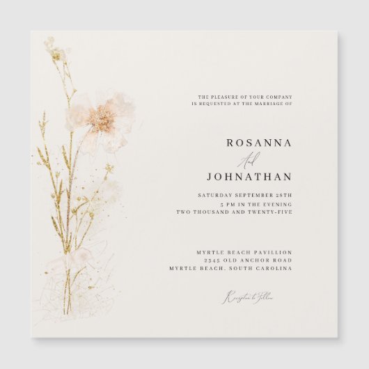 Romantische Blume Hochzeit mit Gold und Blush Magneteinladung (Vorderseite)