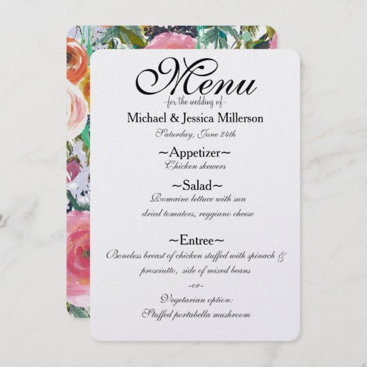 Romantische Blume im Garten Wasserfarben Hochzeits Menükarte (Vorne/Hinten)