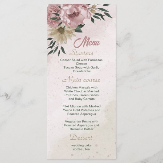 romantische Blume in Rosa und Champagner Menükarte (Vorderseite)