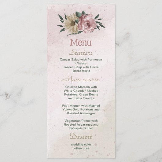 romantische Blume in Rosa und Champagner Menükarte (Vorderseite)