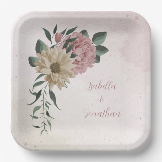 Romantische Blume in Rosa und Champagner Pappteller (Vorderseite)