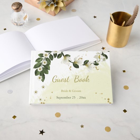 romantische Blume in Weiß und Gold Gästebuch (Vorderseite Offen)