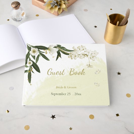 romantische Blume in Weiß und Gold Gästebuch (Vorderseite Offen)