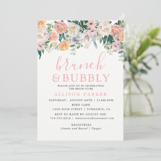 Romantische Blume mit Aquarellfarben Brunch & Bubb Einladung (Stehend Vorderseite)