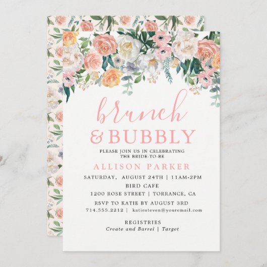 Romantische Blume mit Aquarellfarben Brunch & Bubb Einladung (Vorne/Hinten)