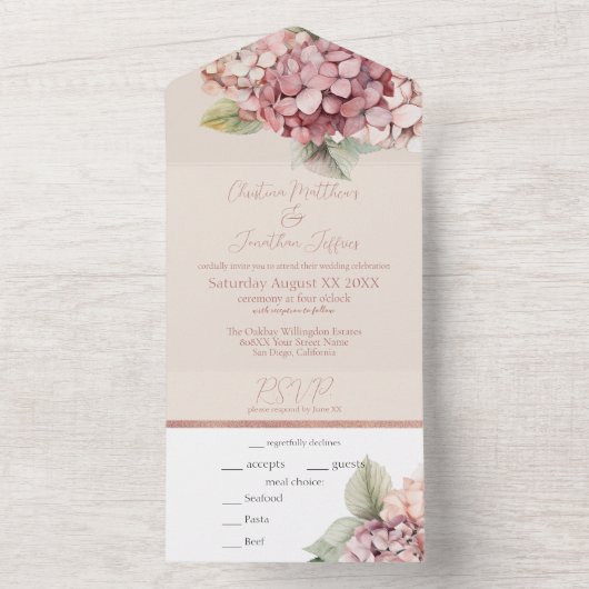 Romantische Blume Pink & Blush Wasserfarbe Hydrang All In One Einladung (Innen Boden)
