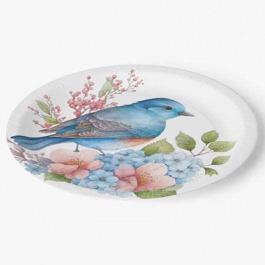 Romantische Blume und Blauvogel Pappteller (Schrägansicht)