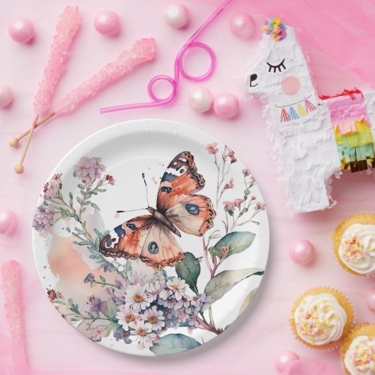 Romantische Blume und Orangenschmetterlinge Pappteller (Party)