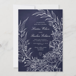 Romantische Blume Wreath Navy Einladung zur Hochze