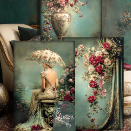 Romantische Blumen, Dame & ein Sonnenschirm, passe Geschenkpapier Set