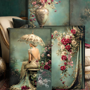 Romantische Blumen, Dame & ein Sonnenschirm, passe Geschenkpapier Set