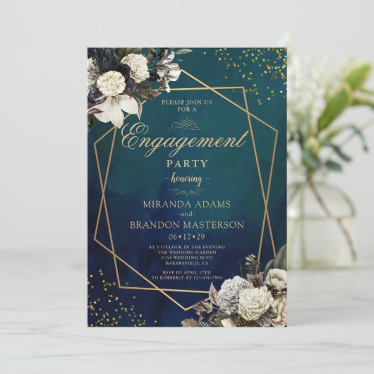 Romantische Blumen-Gold-Wreath-Engagement-Partei Einladung (Stehend Vorderseite)