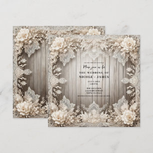Romantische Blumen Spitze + Holz Rustikale Hochzei Einladung
