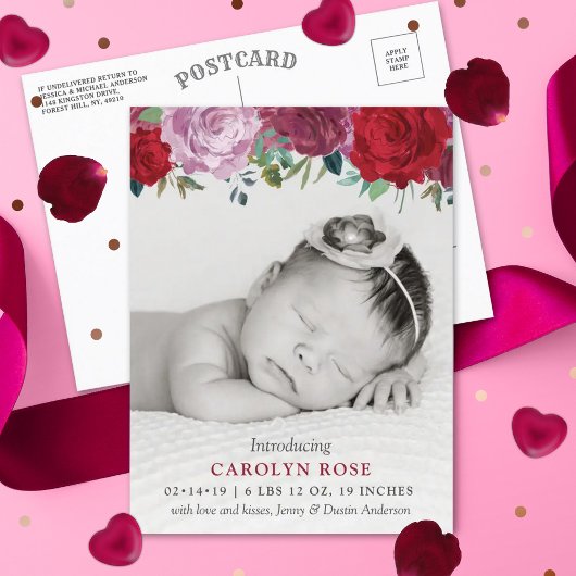 Romantische Blumenblüten Foto Geburtserklärung Ankündigungspostkarte