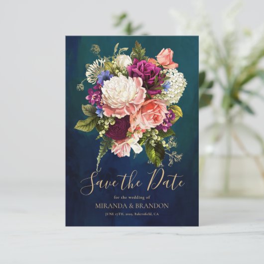 Romantische Blumenbouquet Emerald Green Gold Hochz Save The Date (Stehend Vorderseite)