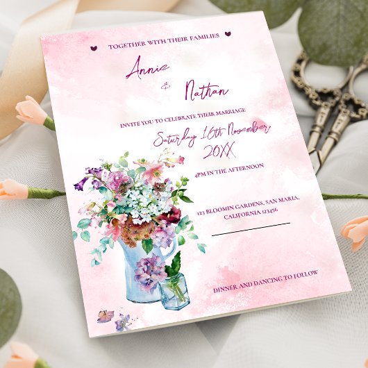 Romantische BlumenBouquet Pink Hochzeitseinladung Postkarte