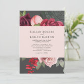 Romantische Blumenbridal Bouquet Pink & Gray Weddi Einladung (Stehend Vorderseite)