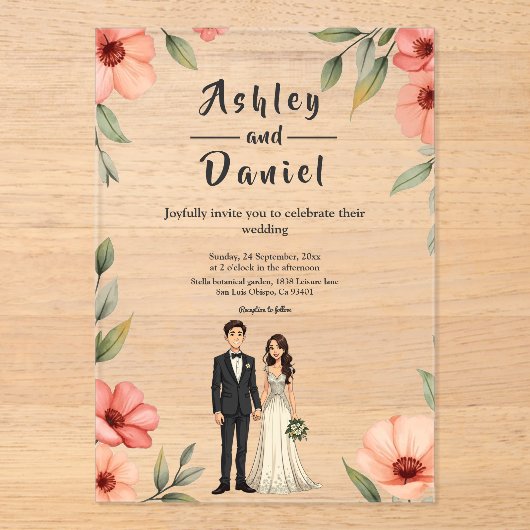 Romantische Blumengartenbräune und Hochzeitsfeier Acryleinladungen (Vorderseite)