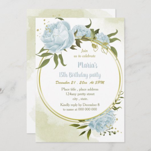 Romantische Blumengoldkranz Geburtstagsparty Einladung (Vorne/Hinten)