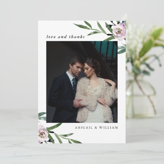 Romantische Blumenhochzeit Danke Fotokarte (Stehend Vorderseite)