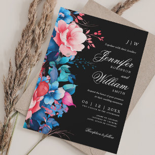 Romantische Blumenhochzeit Elegantes Script Blau Einladung