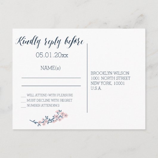 Romantische Blumenhochzeit RSVP Postkarten Rosa Kr (Rückseite)