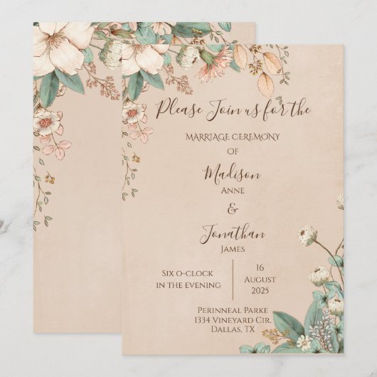 Romantische Blumenschrift Hübsche Hochzeit Einladung (Vorne/Hinten)