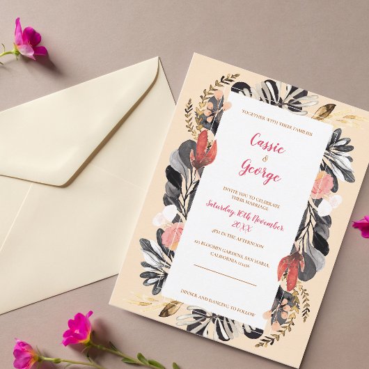 Romantische Blush & Black Floral Wedding Einladung Postkarte