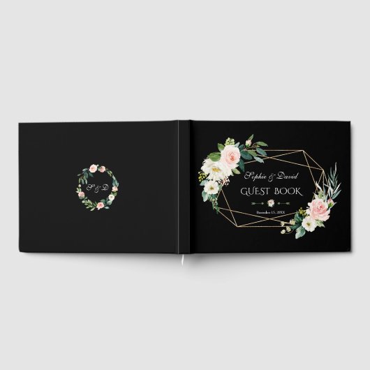 Romantische Blush-Blume Gold Frame Black Wedding Gästebuch (Voll)