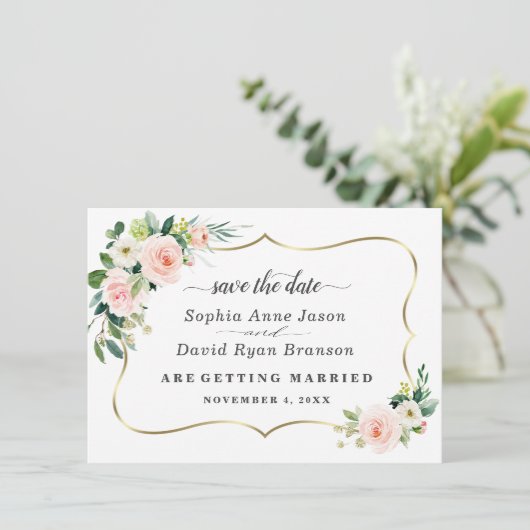 Romantische Blush ElfenbeinBlume Hochzeitkalligrap Save The Date (Stehend Vorderseite)