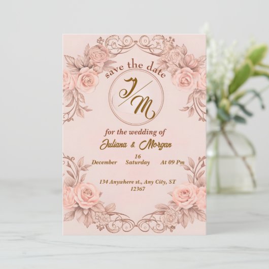 Romantische Blush Floral Save the Date Card Einladung (Stehend Vorderseite)