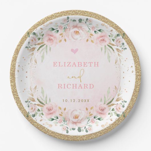 Romantische Blush Gold Pink Floral Wedding Verlobu Pappteller (Vorderseite)