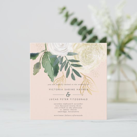 Romantische Blush & Green Square Hochzeit Einladung (Stehend Vorderseite)