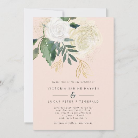 Romantische Blush & Green Wedding Einladung (Vorderseite)