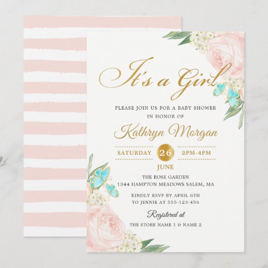 Romantische Blush Peach Rose Garden Babydusche Einladung (Vorne/Hinten)