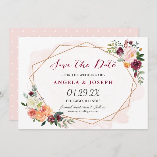 Romantische Blush Pink Bläsereien Hochzeit retten Save The Date (Vorne/Hinten)