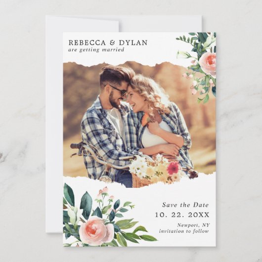 Romantische Blush Pink Bläserntes Foto Hochzeit Save The Date (Vorderseite)