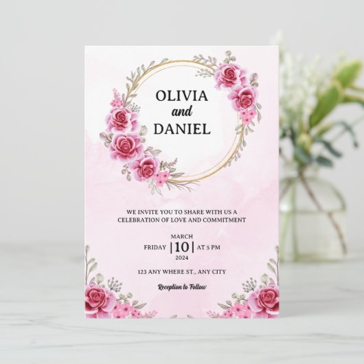 Romantische Blush Pink Burgundy Blumenhochzeit Einladung (Stehend Vorderseite)