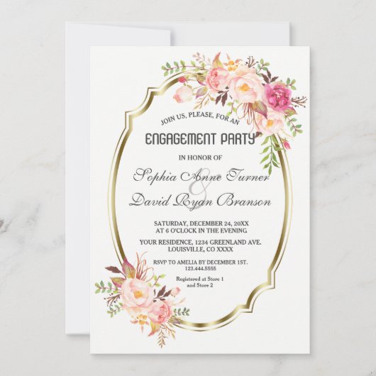 Romantische Blush Pink Floral Gold Partnerschaft Einladung (Vorderseite)