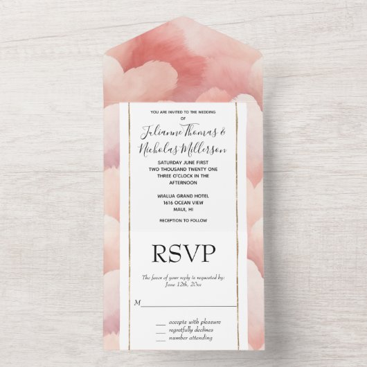 Romantische Blush Pink Peach Sweet Hearts Wedding All In One Einladung (Innen Boden)