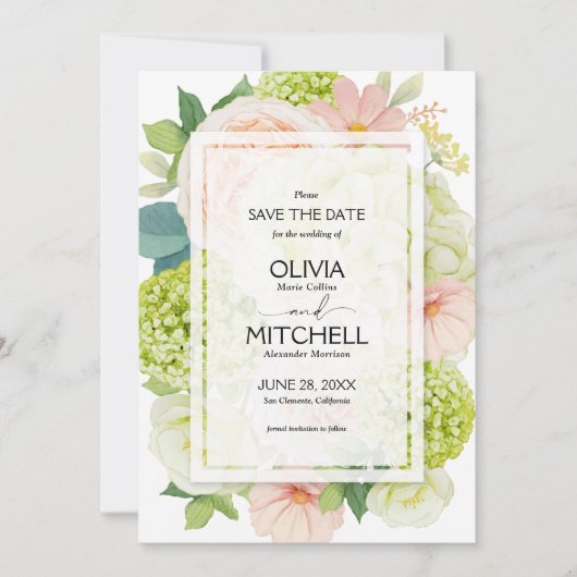 Romantische Blush Pink Sage Grüne Hochzeit Save The Date (Vorderseite)