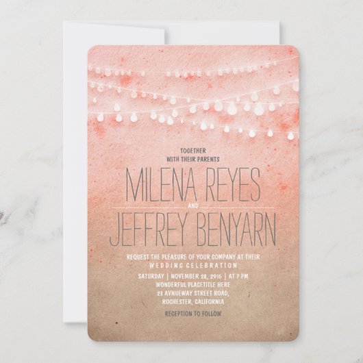 Romantische Blush Pink String Lights Wedites Einladung (Vorderseite)