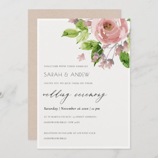 ROMANTISCHE BLUSH PINK WATERCOLOR FLUSSBREITE EINLADUNG (Vorne/Hinten)