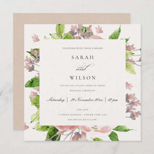 ROMANTISCHE BLUSH PINK WATERCOLOR FLUSSBREITE EINLADUNG (Vorne/Hinten)