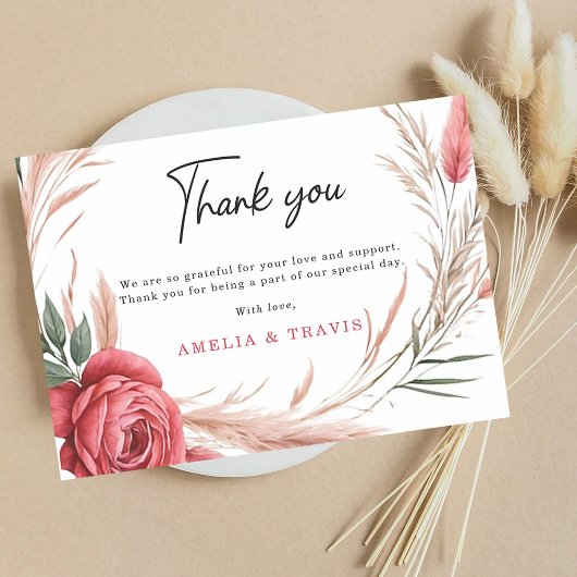 Romantische Blush Rose Pampas Grass Wedding Dankeskarte