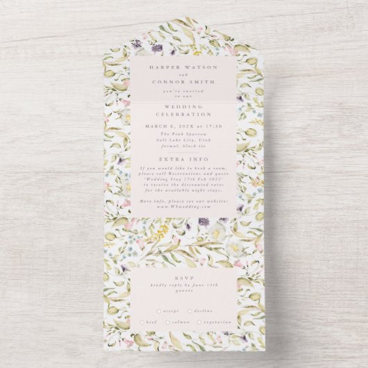 Romantische Blush Spring Wildblume Pampas Wedding All In One Einladung (Innen)
