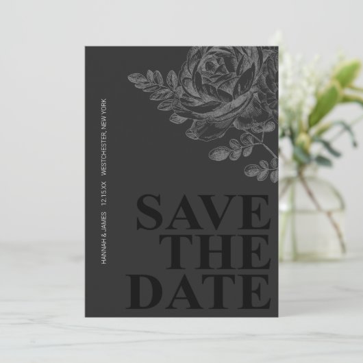 Romantische Blüte Save the Date Schwarz-weiß Einladung (Stehend Vorderseite)