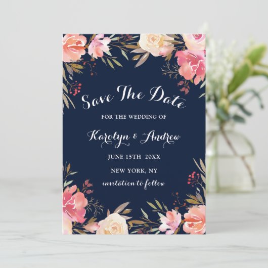 Romantische Blütenblütenhochzeit rettet das Datum Save The Date (Stehend Vorderseite)