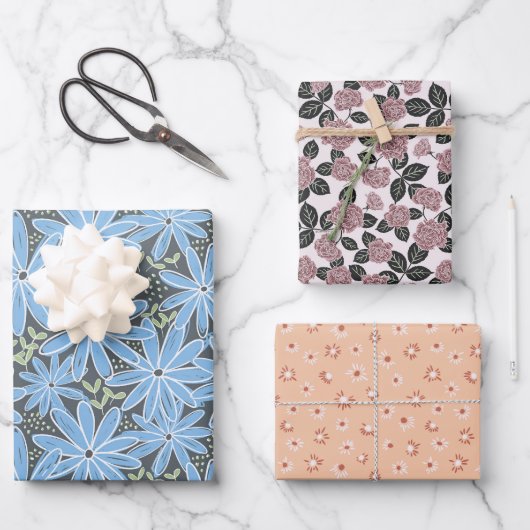 Romantische BlütenhandGezeichnet Multicolor Geschenkpapier Set (Vorderseite)